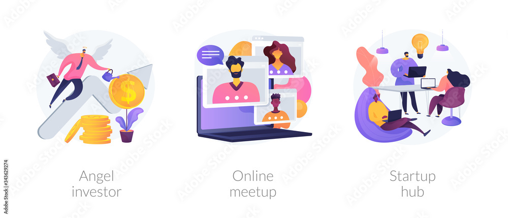 Business startup and communication abstract concept vector illustration set. Angel investor, online meetup, startup hub, financial support, online crowdfunding, entrepreneurship abstract metaphor. Business startup and communication abstract concept vector illustration set. Angel investor, online meetup, startup hub, financial support, online crowdfunding, entrepreneurship abstract metaphor.