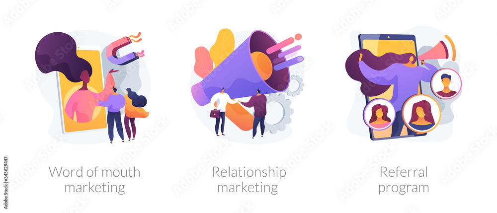 Customer oriented marketing strategy abstract concept vector illustration set. Word of mouth, relationship marketing, referral program, recommendation, brand loyalty, social media abstract metaphor.