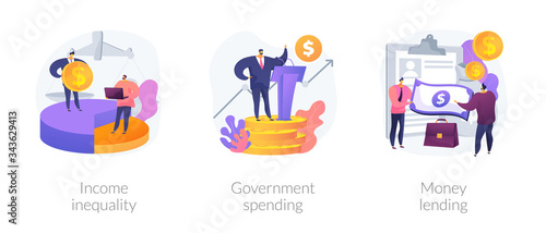 Money distribution abstract concept vector illustration set. Income inequality, government spending, money lending, salary gap, country budget, bank credit, individual loan, welfare abstract metaphor.