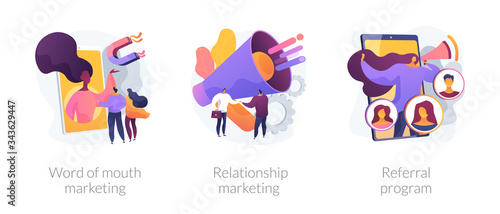 Customer oriented marketing strategy abstract concept vector illustration set. Word of mouth, relationship marketing, referral program, recommendation, brand loyalty, social media abstract metaphor.