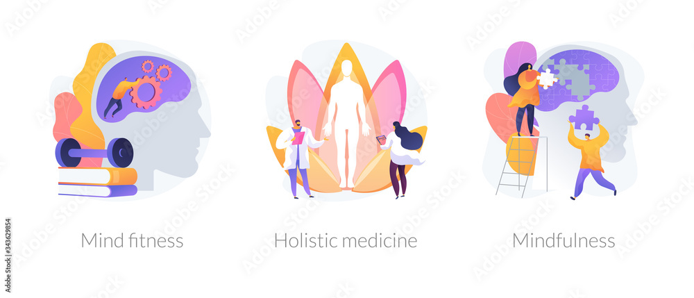 Mental and physical health treatment abstract concept vector illustration set. Mind fitness, holistic medicine, mindfulness, whole body treatment, mental calmness, meditation abstract metaphor. Mental and physical health treatment abstract concept vector illustration set. Mind fitness, holistic medicine, mindfulness, whole body treatment, mental calmness, meditation abstract metaphor.