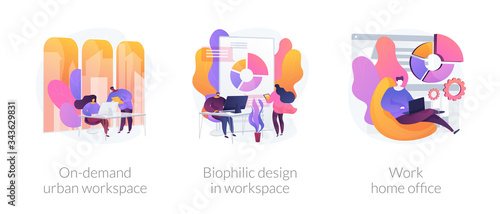 Workplace organization abstract concept vector illustration set. On-demand urban workspace, biophilic design, work home office, coworking, client meeting room, distance work abstract metaphor.
