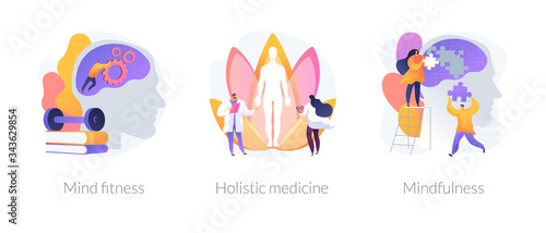 Mental and physical health treatment abstract concept vector illustration set. Mind fitness, holistic medicine, mindfulness, whole body treatment, mental calmness, meditation abstract metaphor.