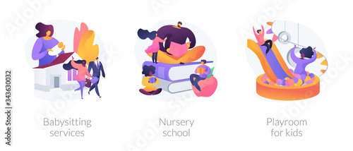 Kids bringing up and leasure time abstract concept vector illustration set. Babysitting services, nursery school, playroom for kids, personal childcare help, pre-school program abstract metaphor.