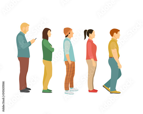 men and women queue, one after another full view side. flat vector illustration