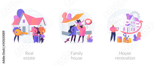 Private and commercial property market abstract concept vector illustration set. Real estate agency, family house, house renovation, home ownership, property value, mortgage loan abstract metaphor.
