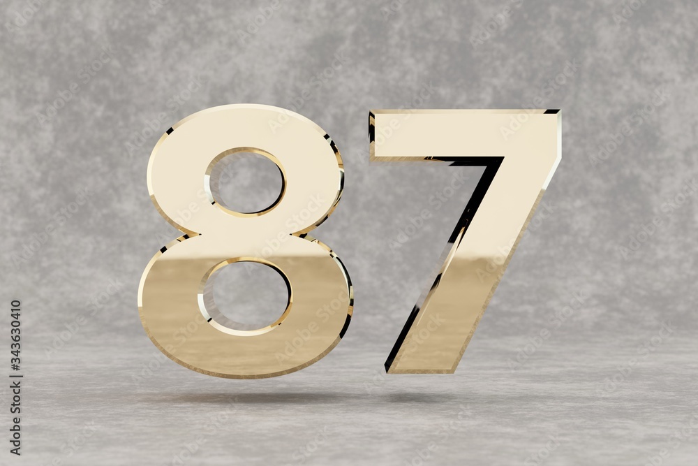 Gold 3d number 87. Glossy golden number on concrete background. 3d rendered digit. Gold 3d number 87. Glossy golden number on concrete background. 3d rendered digit.