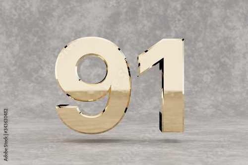 Gold 3d number 91. Glossy golden number on concrete background. 3d rendered digit.
