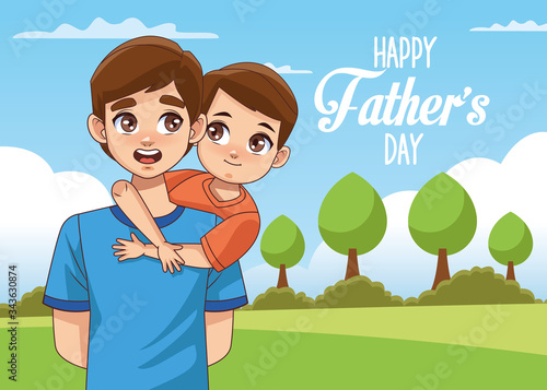 fathers day card with dad carrying son in landscape