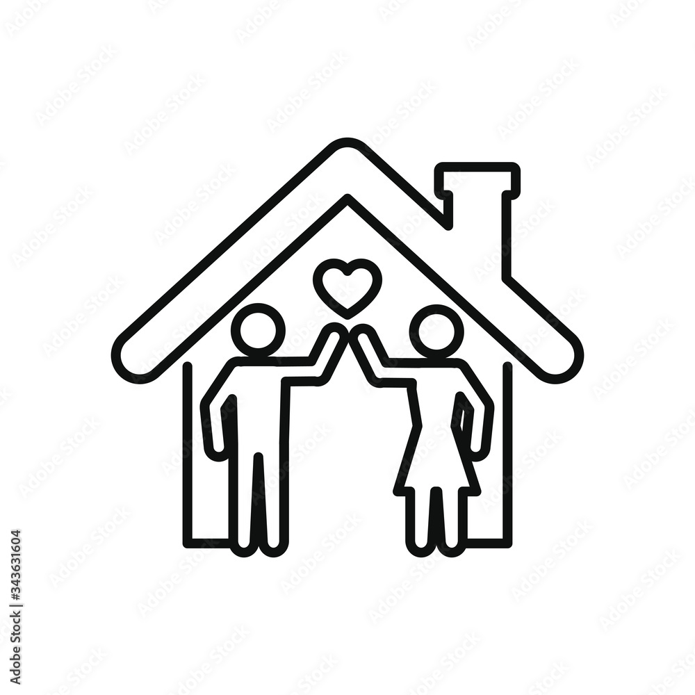 stay home concept, house and pictogram couple icon, line style stay home concept, house and pictogram couple icon, line style