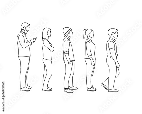 outline men and women queue, one after another full view side