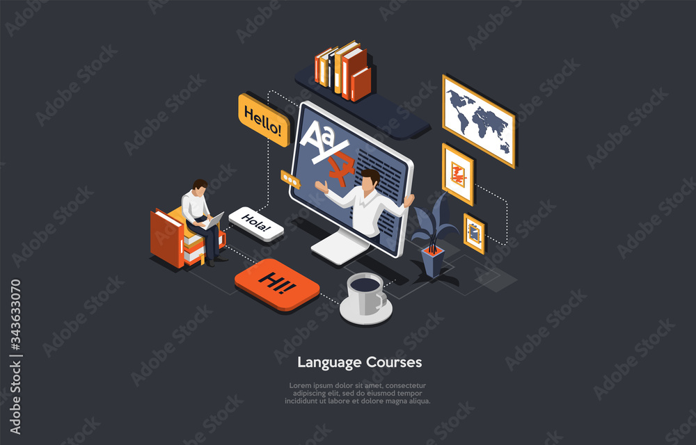 Concept Of Isometric Online Language Courses, Distance Internet Education. People Learn Different Foreign Languages Online Remotely With Teacher On Computer Monitor. Cartoon 3d Vector Illustration