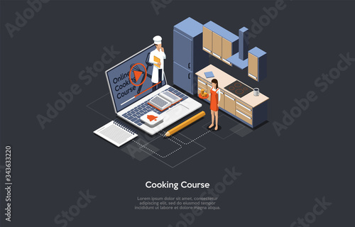 Isometric 3d Online Cooking Course Concept. Young Female Character Takes An Online Culinary Course With Professional Cheif. Girl Teaching Cooking Use Internet Application. Cartoon Vector Illustration