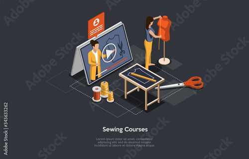Isometric 3d Online Sewing Tailor, Fashion Designers, Atelier Courses. Woman Dressmaker Takes Online Remote Course Of Stylist Using App. Girl Measures Sizes Of Mannequin. Cartoon Vector Illustration