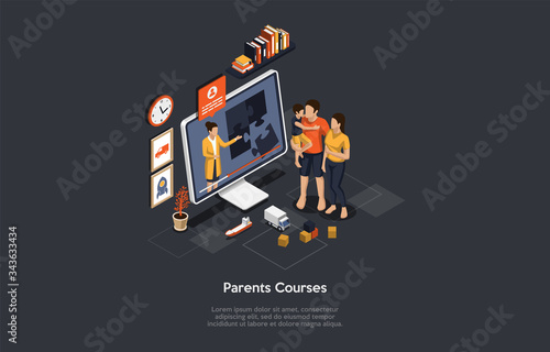 Isometric Online Training Courses For Pregnant And Future Parents. Maternity, Motherhood and Parenting. Family Psychologist Consultation. Lectures for Young Mother and Father. 3d Vector Illustration