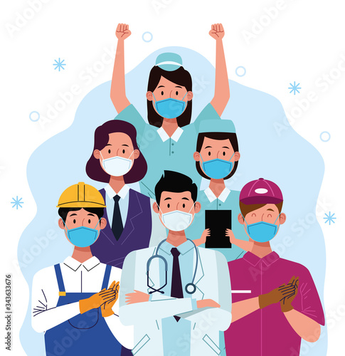 group of workers using face masks
