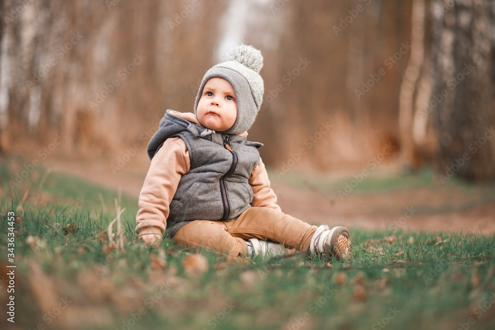a small boy is sitting on a forest path in a gray jelly