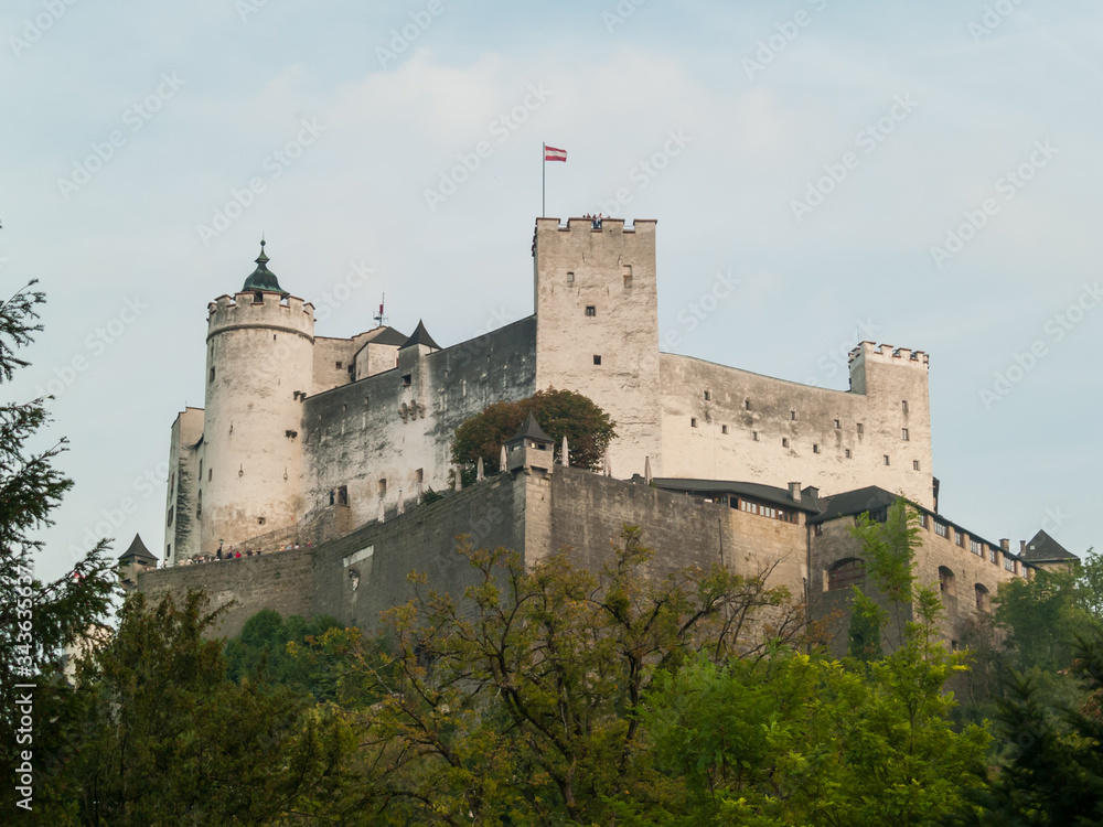 Salzburg top view from above on Salzach river aerial panoramic at a historic city center with cathedrals in Austria, Europe Salzburg top view from above on Salzach river aerial panoramic at a historic city center with cathedrals in Austria, Europe