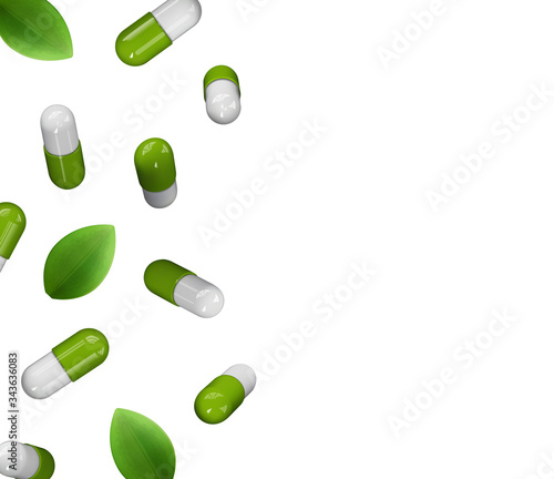 3d Realistic Medical Pills with Leaves, Set Capsules, Tablets. Medical Background