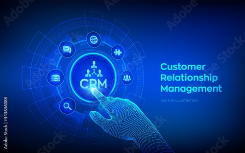 CRM. Customer Relationship Management. Customer service and relationship. Enterprise Communication and planning concept on virtual screen. Robotic hand touching digital interface. Vector illustration.