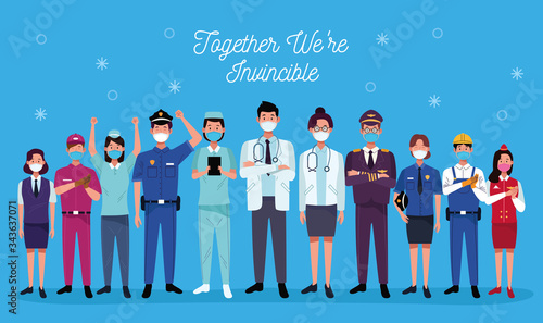 group of workers using face masks and together we are invincible