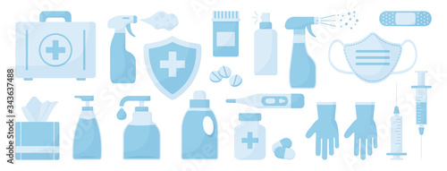 Medicine set. Disinfectant, hand sanitizer bottles, medical mask, antibacterial spray, gel, wipes, soap, gloves, syringe, first aid kit, pills, bandage, thermometer, medical insurance. Vector