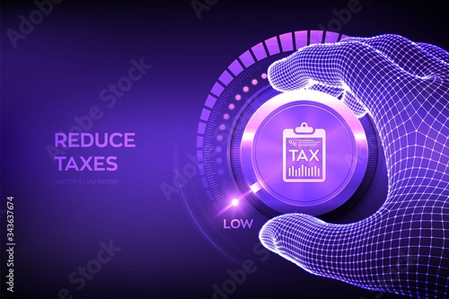 TAX levels knob button. Wireframe hand setting TAX button on lowest position. Reduce taxes concept. Vector illustration.