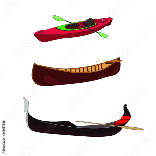 Boat set: Gondola venetian traditional rawing boat. Canoe wooden boat. Sport racing kayak with paddels. vector isolated graphic illustration