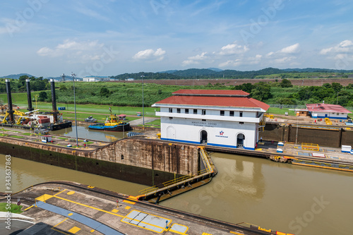 View of the Panama Canal in Miraflores visitor center (Panama City).