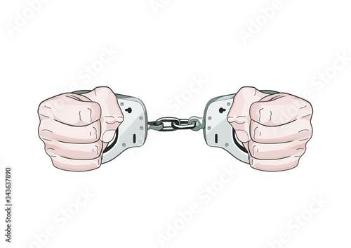 Arrested by police. Hands in cuffs. Freedom restrained in jail. vector graphic illustration isolated