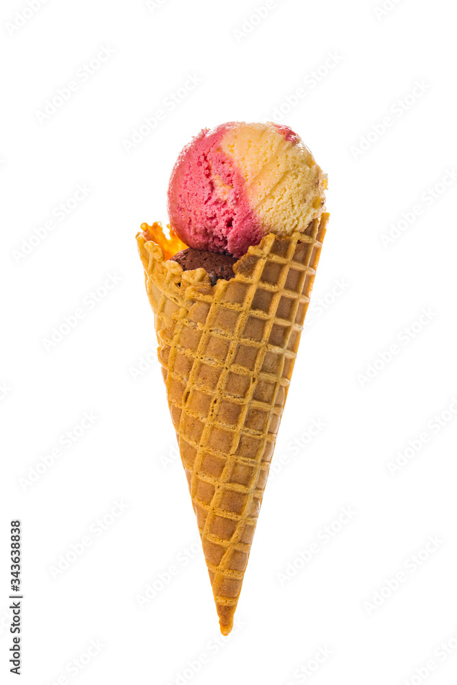 Strawberry Banana Fruit Ice Cream In a Waffle Cone Isolated on White Background. Selective focus. Strawberry Banana Fruit Ice Cream In a Waffle Cone Isolated on White Background. Selective focus.