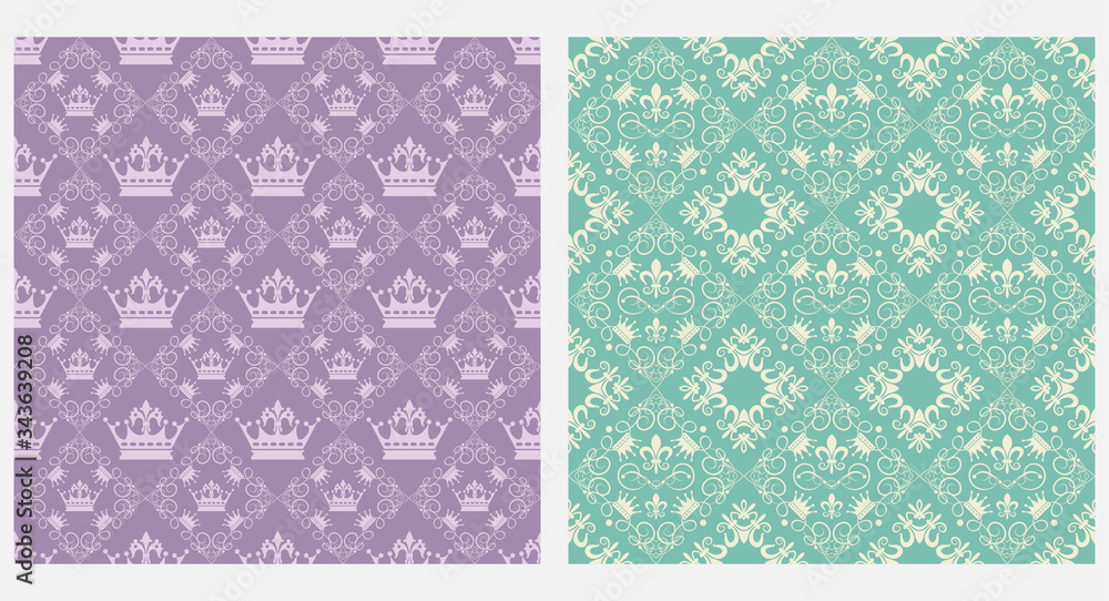 Damask seamless pattern. Violet and green color. Vector art