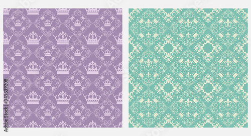 Damask seamless pattern. Violet and green color. Vector art