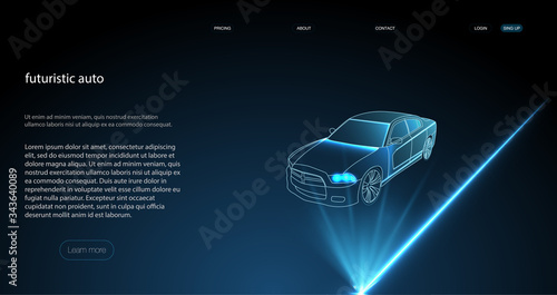 Smart auto ai hud. Driverless car working modes vector illustration. Manual control, driver assistance, partial conditional, high automation.Web banner Hologram auto, futuristic polygonal model auto. 