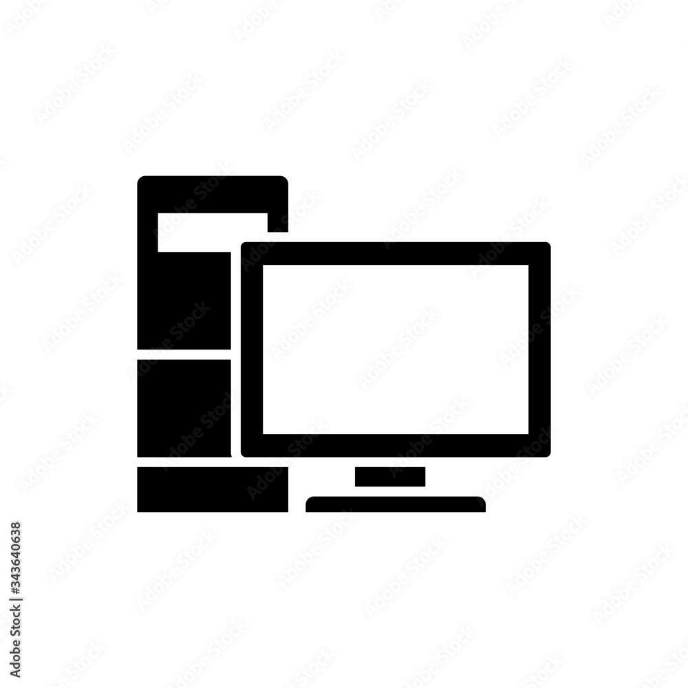 Computer monitor with system unit icon, Line pc system case symbol in black flat shape design on white background Computer monitor with system unit icon, Line pc system case symbol in black flat shape design on white background