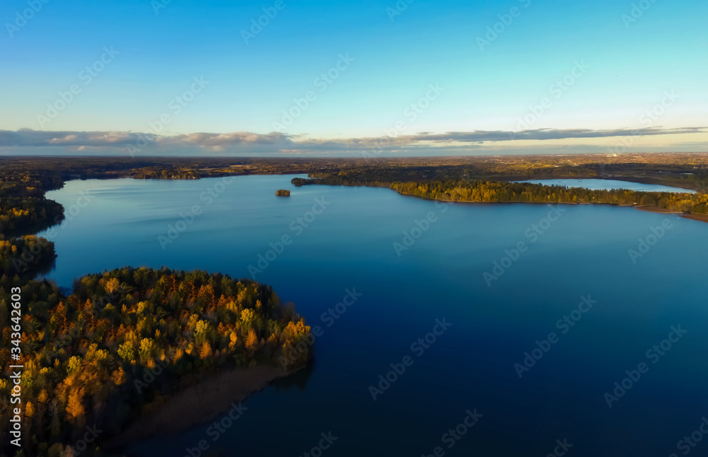 Aerial photo above the lake. 10/2019 Bodominjärvi, Finland.