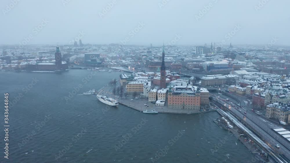 Snow storm in Stockholm, aerial view of the City Center & Riddarholmen Island Snow storm in Stockholm, aerial view of the City Center & Riddarholmen Island
