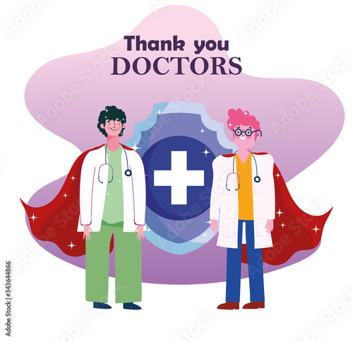 thanks you doctors, male physicians with stethoscope and superhero cape characters