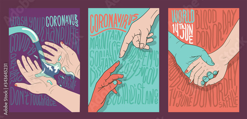 A set of vector illustrations. Image of hands with text on the background. 3 posters. Coronavirus, social distance, world blood donor day on June 14.