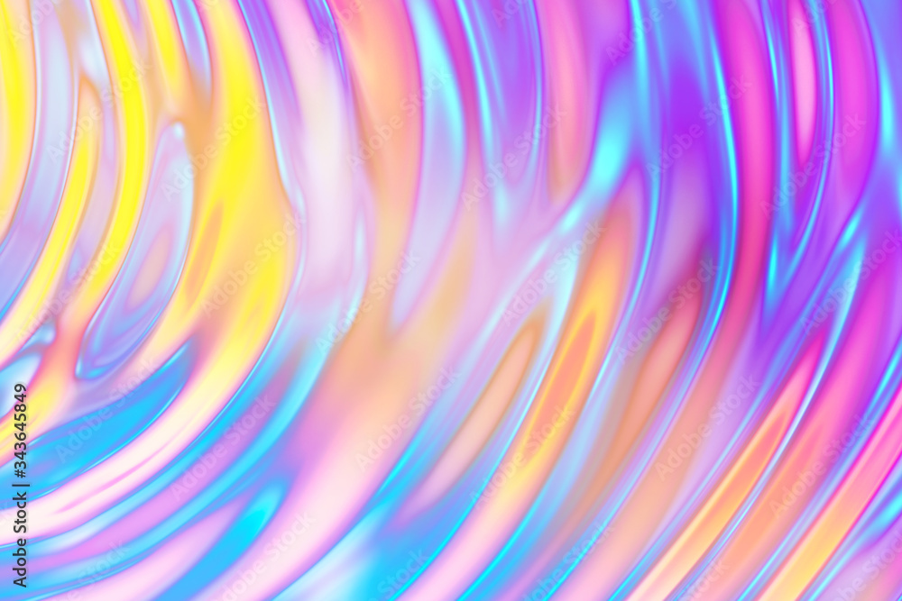 Obraz premium 3d render, abstract wavy liquid background, ultraviolet holographic foil, petrol surface, pink blue yellow iridescent texture, macro ripples. Trendy design, pastel rainbow colors