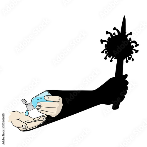 washing hand with sanitizer alcohol can killing Covid-19 virus vector illustration sketch doodle hand drawn isolated on white background