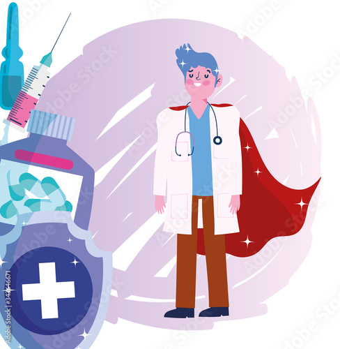 thanks you doctors, male physician superhero with cape character medicine
