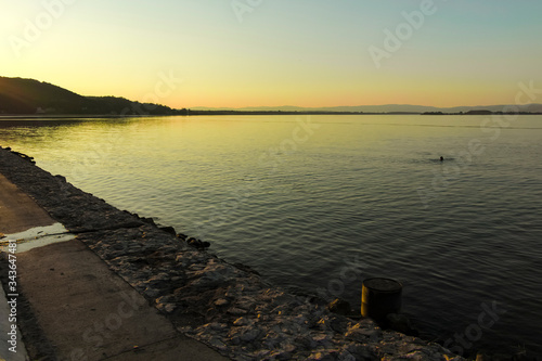 Sunset landscape of Danube River at town of Golubac  Serbia