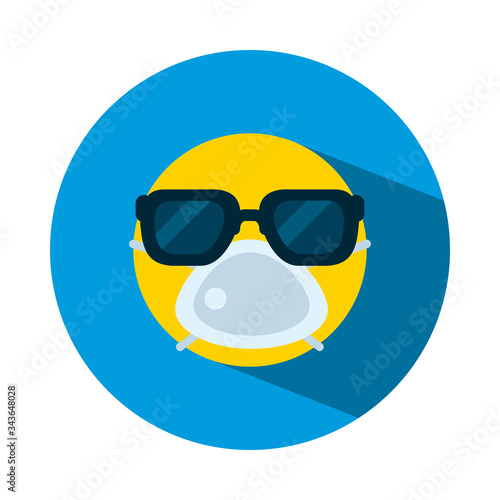Emoji coronavirus concept, cool emoji with sunglasses and mouth mask icon, block style