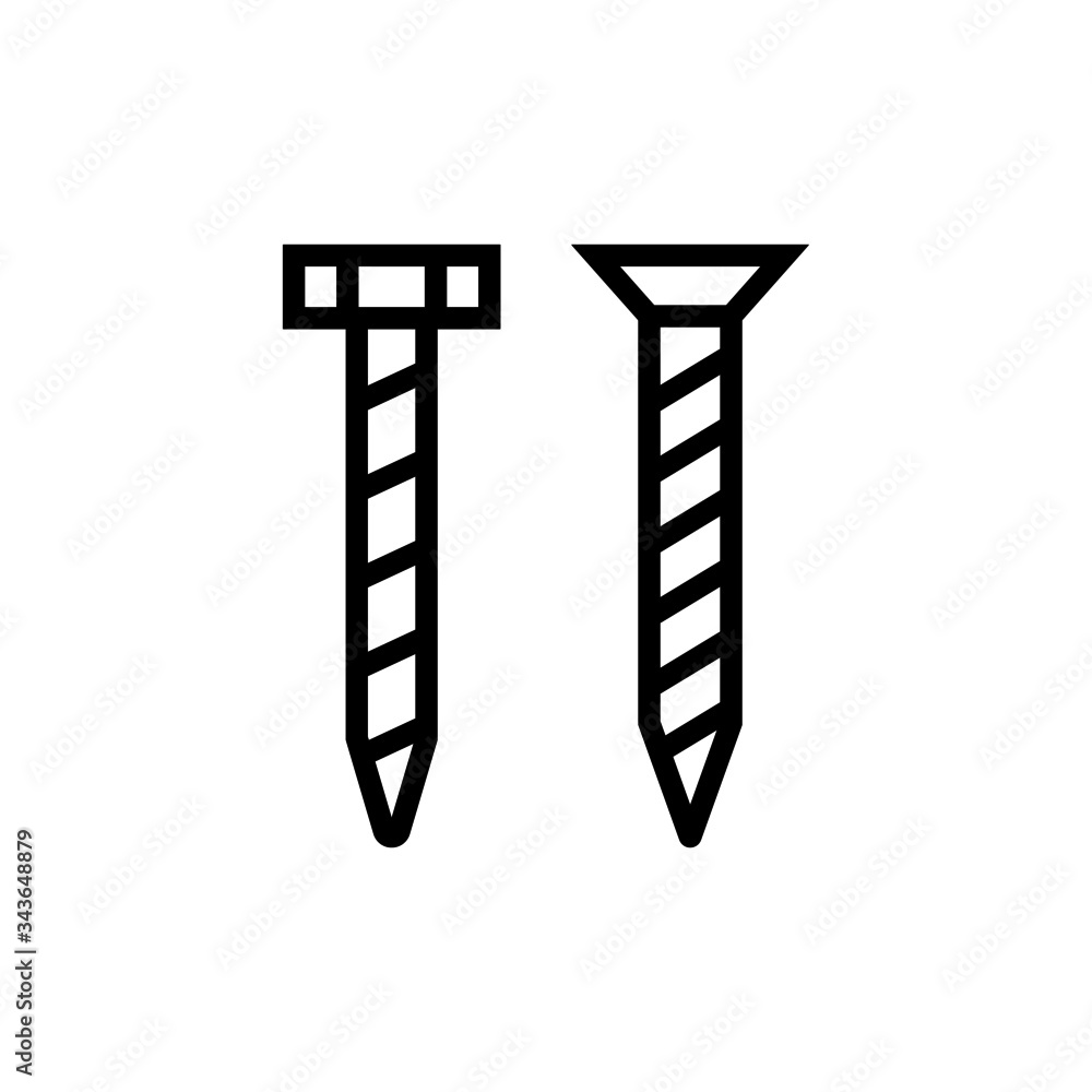 Icon of nail, bolt, screw in outline, lineart style on white background Icon of nail, bolt, screw in outline, lineart style on white background