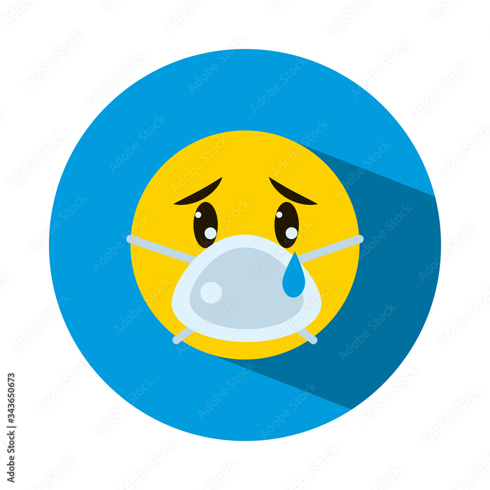 Obraz premium Emoji coronavirus concept, emoji crying wearing a mouth mask, block style