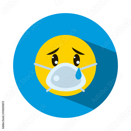 Emoji coronavirus concept, emoji crying wearing a mouth mask, block style