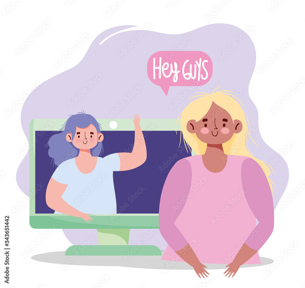 people communication and technology, girls with computer greeting chat people communication and technology, girls with computer greeting chat