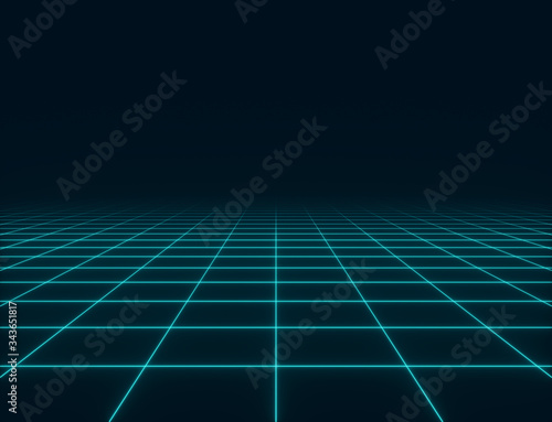 Retro style neon grill, dark blue glowing grid floor. Futuristic grid background, 3d Rendering