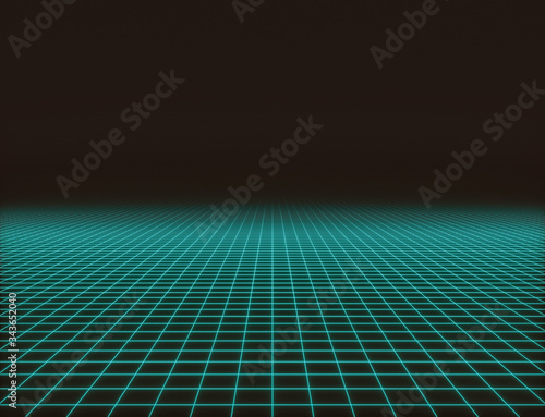Retro style neon grill, green glowing grid floor. Futuristic grid background, 3d Rendering © artbase